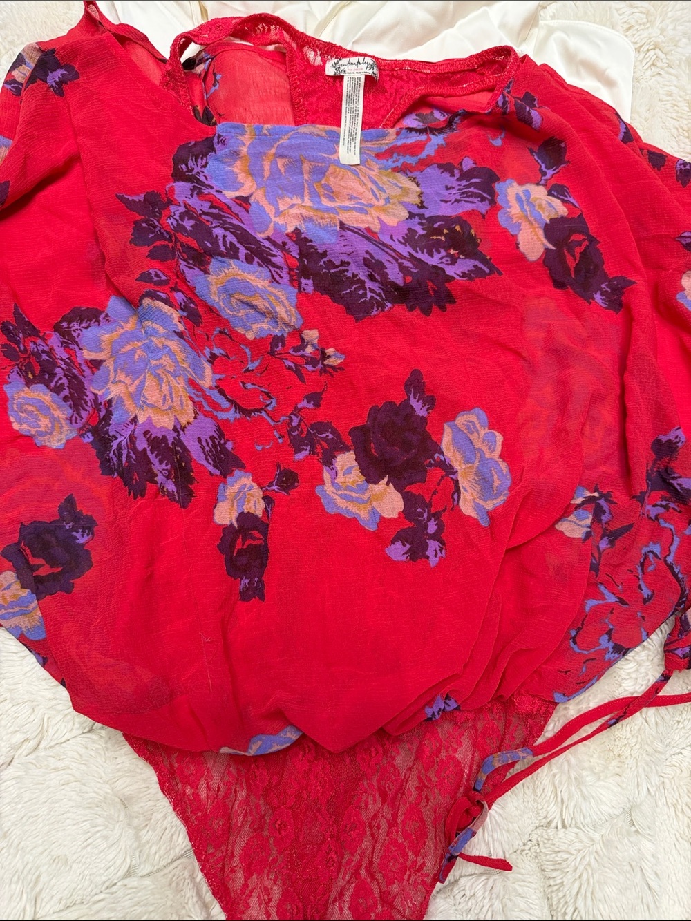Free People Red Floral Sheer Blouse with Lace-Trim Bodysuit